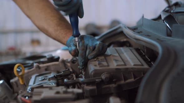 Auto Mechanic in the Service Station Changes the Air Filter in the Car