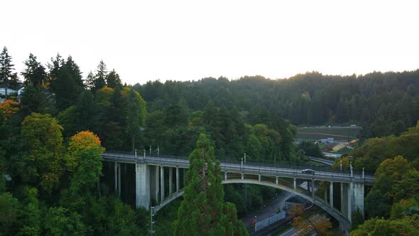 Cars Driving on the City Bridge in Green Nature in Oregon