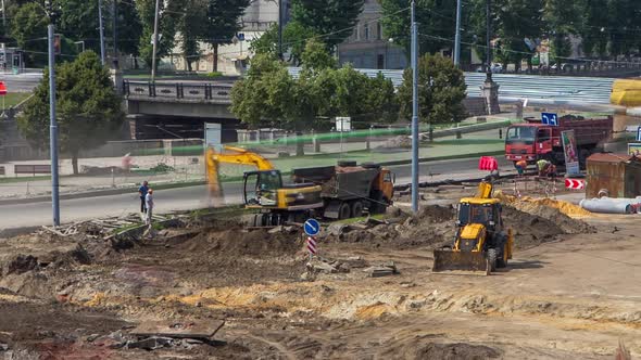 Excavator Working on Earthmoving at Open Pit Mining in the City Street Timelapse