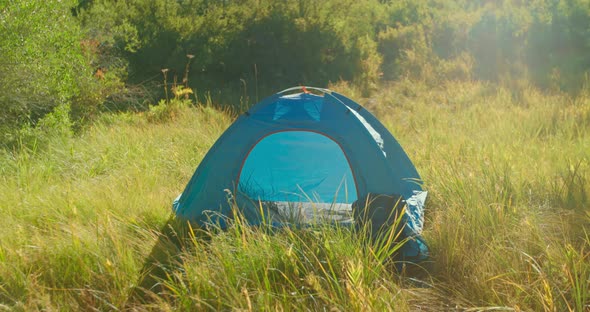 Bright Blue Camping Tent on Green Lawn in Sunny Forest. Summer Outdoor Adventure