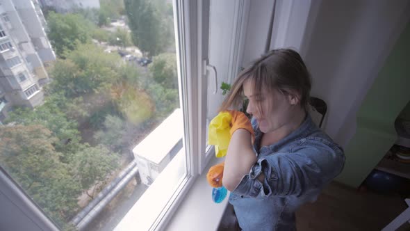 Respiratory Diseases, Girl in Gloves Suffers From Allergies To Washing Sprays When Clean Windows in