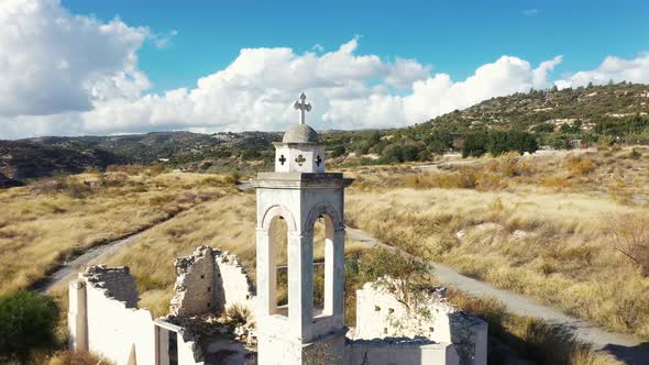 Flying over St Nicholas Abandoned Church at Kouris dam. Limnassol District, Cyprus