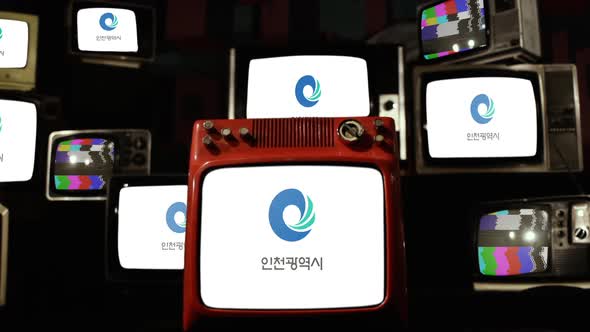 Flag of Incheon, South Korea, and Retro TVs.