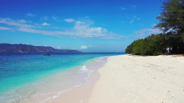 Tropical overhead copy space shot of a sunshine white sandy paradise beach and turquoise sea