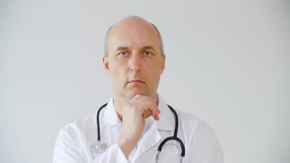 Serious Focused Doctor Listening To Symptoms and Thinking About Diagnosis