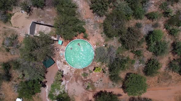 Top view on a big pool in the middle of the wild in Africa, two people swimming