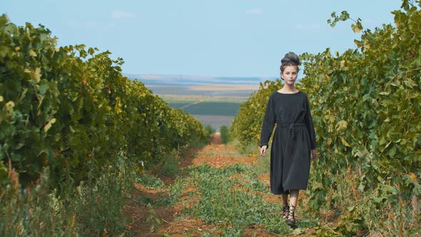 Young Woman with Dreadlocks Walking on the Path Among the Vineyard