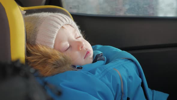 Toddler Boy Sleeping in Child Safety Seat in Car.