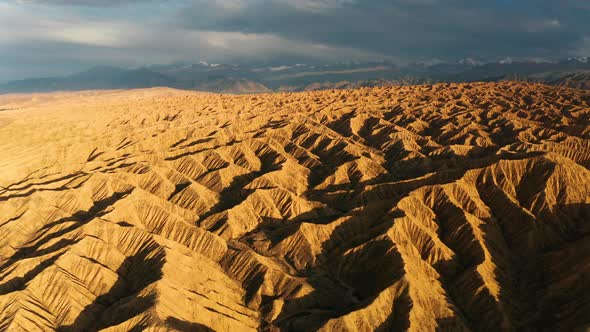 Aerial View of Desert Landscape in Kyrgyzstan at Sunset