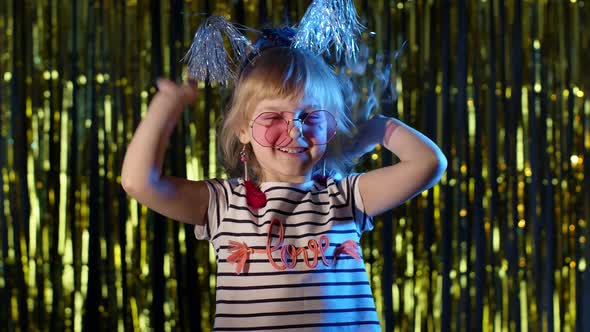 Cute Little Girl Enjoy Success Celebrating Winning Rejoices Victory Feels Motivated in Night Club