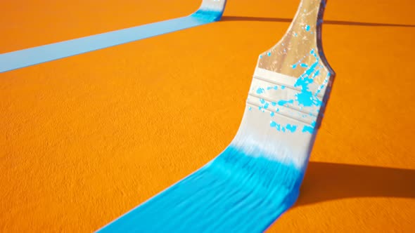 Wooden paintbrush leaving stripe of colorful cyan paint on an orange wall. 4KHD
