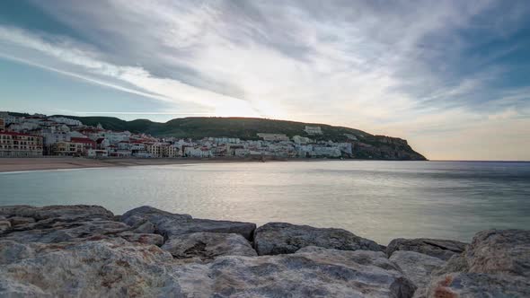 Sunrise at Small Town of Sesimbra Portugal Panorama Timelapse