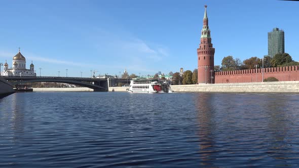 Wheeled Passenger Ship Goes Along the Moskva River