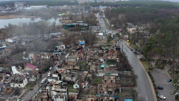 Aerial view of the destroyed and burnt houses. Houses were destroyed by rockets.