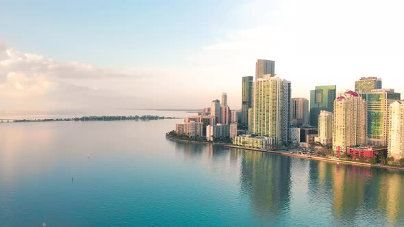 Amazing Drone Aerial View of Downtown Miami and Brickell Key at Dawn Florida