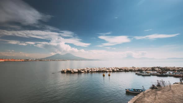 Naples, Italy View Of Volcano From Area Of Santa Lucia In Naples