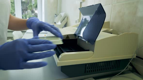 Laboratory Worker Is Loading Samples Into Analyzing Machine. Covid-19, Coronavirus, Coronavirus