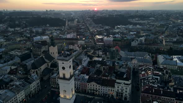 Aerial View of Winter Lviv City on Sunset