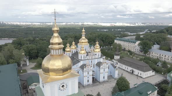 Kyiv. Ukraine: St. Michael's Golden-Domed Monastery. Aerial View. Flat, Gray