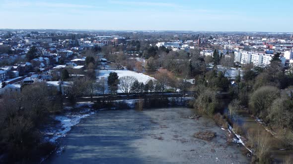 Aerial Leamington Spa Town In Snow Jephson Gardens