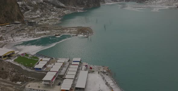 Beautiful shot lake in Pakistan. Ariel view of Attabad Lake with Passu Cones in background and Turqu