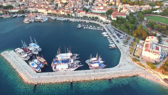 Aerial view of dalmatian bay with houses and football stadium