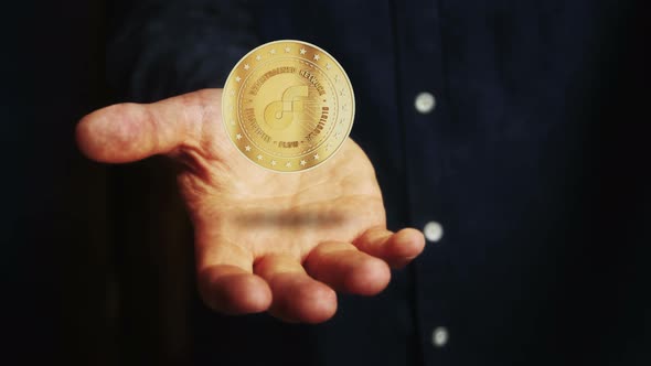 Flow altcoin cryptocurrency golden 3d coin over hand