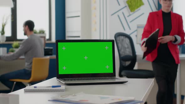 Close Up of Green Screen on Computer Display in Startup Office