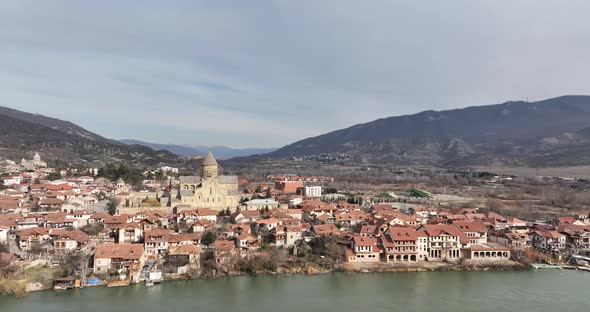 Aerial view of Orthodox Svetitskhoveli Cathedral in Mtskheta, Georgia