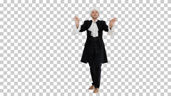Man dressed like Mozart expressively finishing, Alpha Channel