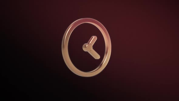 Golden Icon. Clock Rotate Around it Axis on a Dark Red Studio Background. Seamless Loop.
