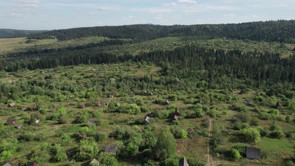 Aerial Landscape Summer Mountain Village with Forests Fields Human Settlement in Bashkortostan