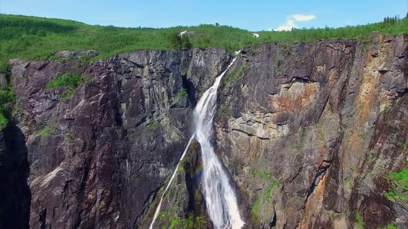 Scenic aerial view of famous Voringfossen waterfall in Norway.