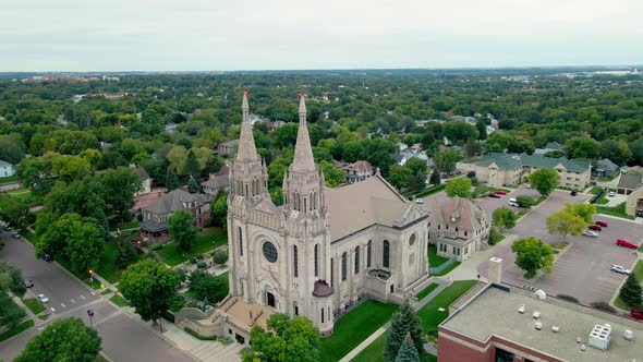 Aerial view of religious church with immaculately landscaped property in Sioux Falls, South Dakota.