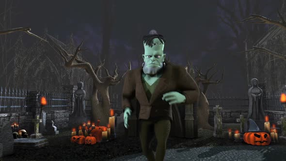 Frankenstein dancing in a graveyard