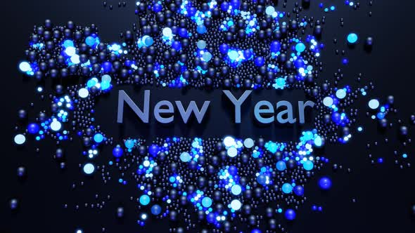 3D New Year's Looped Background with Inscription New Year and Garland Spheres Scattered on Plane