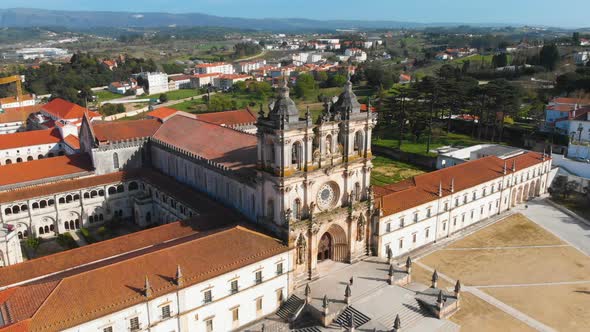 Aerial Drone Footage of Mosteiro De Santa Maria Alcobaca Portugal