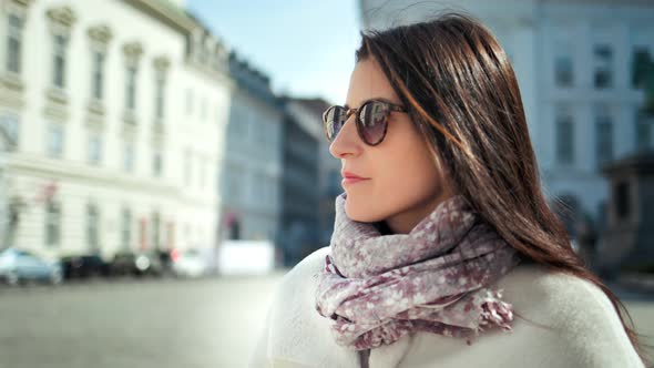 Medium Closeup Smiling Elegant Tourist Woman in Sunglasses Drinking Coffee Enjoying Walking Outdoor