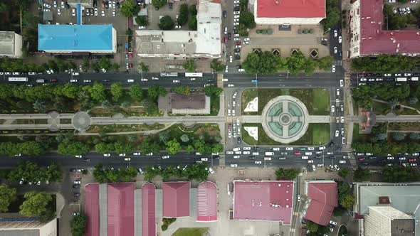 Aerial Top Down View of Freeway Busy City Rush Hour Heavy Traffic Jam Highway.