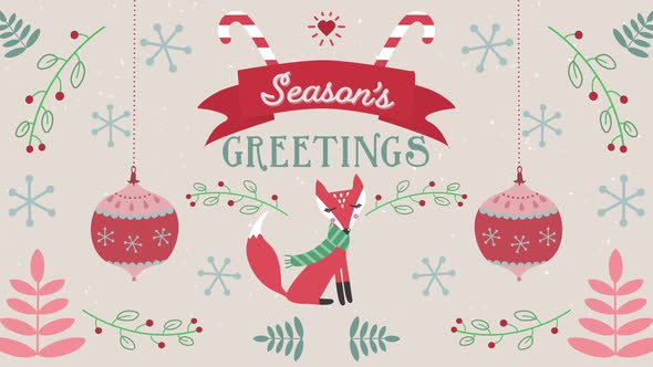Animation of Seasons Greetings words with a fox on Christmas decorations background alt