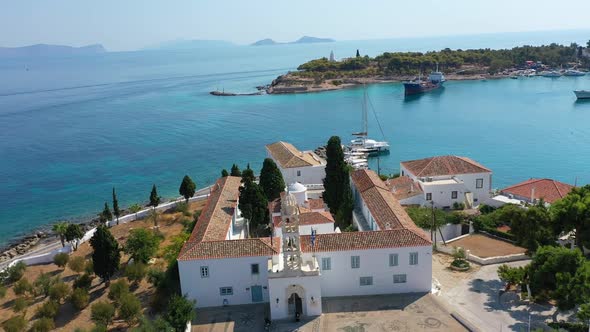 Aerial View of Spetses Old Town and Marina or Seaport Greece  Drone Videography