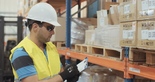 Logistics worker wearing a helmet working in a large warehouse checking inventory