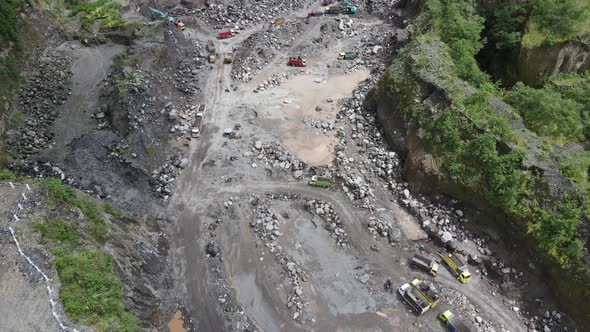 Aerial view of sand and stone mining activity in Merapi mountain Indonesia.