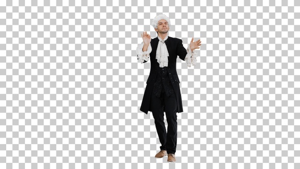 Man dressed like Mozart conducting expressively, Alpha Channel