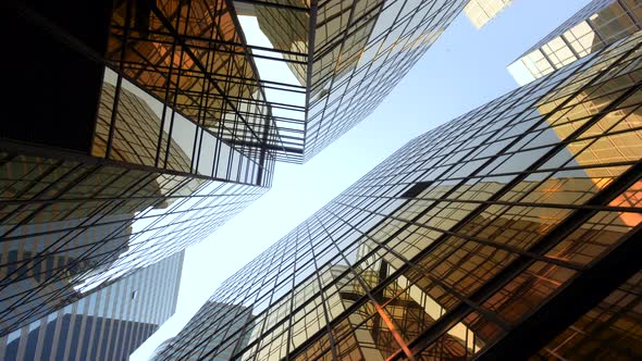 POV View of Skyscraper Buildings in the City. Modern Financial Business District Background 