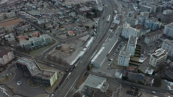 Aerial of busy underpass in urban area