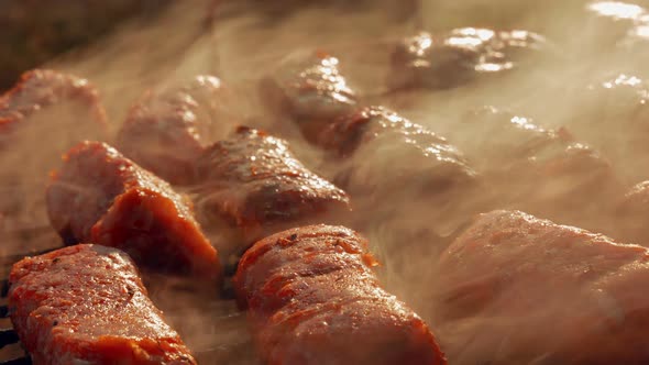 Ultra Close-up Barbecue (BBQ) Shot Showing Pork and Beef Meat Rolls