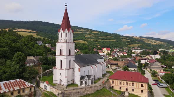 Aerial view of the church in Gelnica, Slovakia