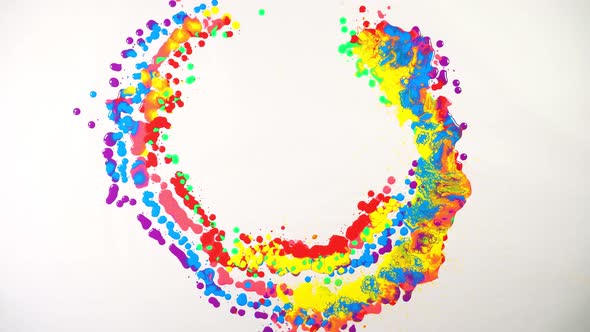 top view  of colorful of oil paints dripping to white paper.