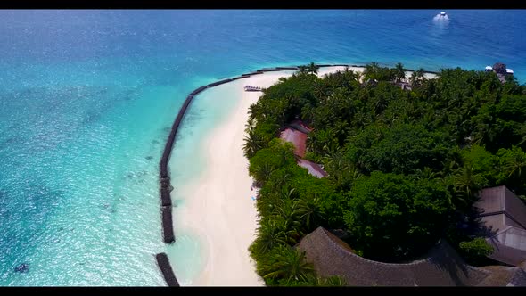 Aerial drone view landscape of idyllic shore beach journey by blue sea and white sandy background of